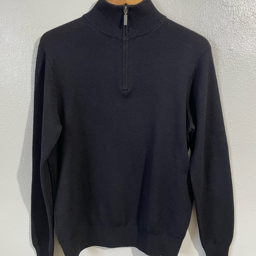 Jeremy Argyle NYC Jet Black Merino Wool Quarter Zip Sweater Medium Classic Warm